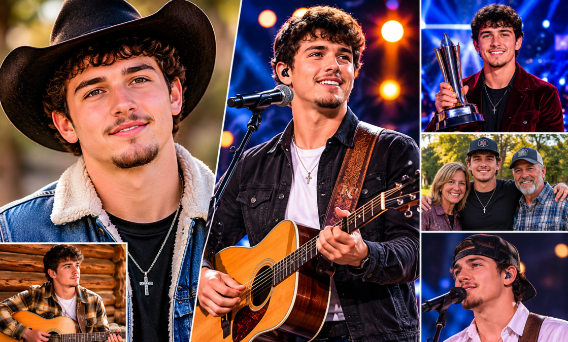 Noah Thompson: From Small-Town Dreamer to American Idol Champion Noah Thompson performing live on stage with an acoustic guitar during a country music concert.