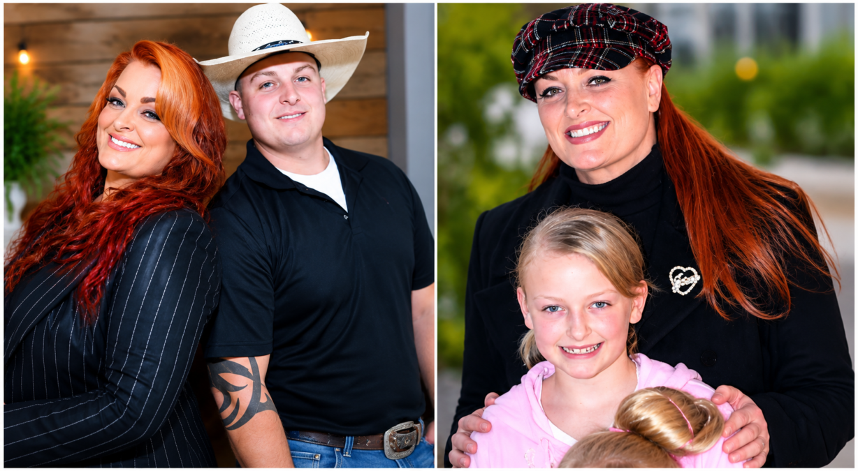 Elijah Judd posing with his mother Wynonna Judd alongside a family photo highlighting the Judd family's close bond and personal life.