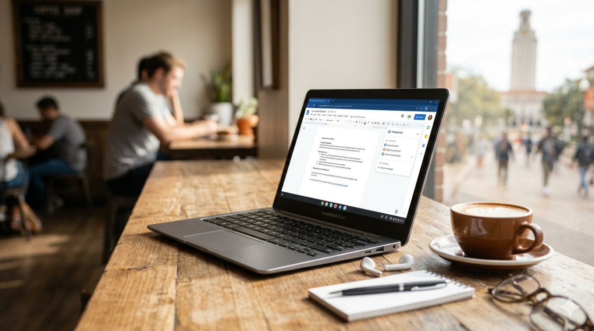 A sleek, compact mynetbookdirect netbook open on a wooden table in a busy US coffee shop, showing a cloud-based document editor on screen next to a coffee cup.